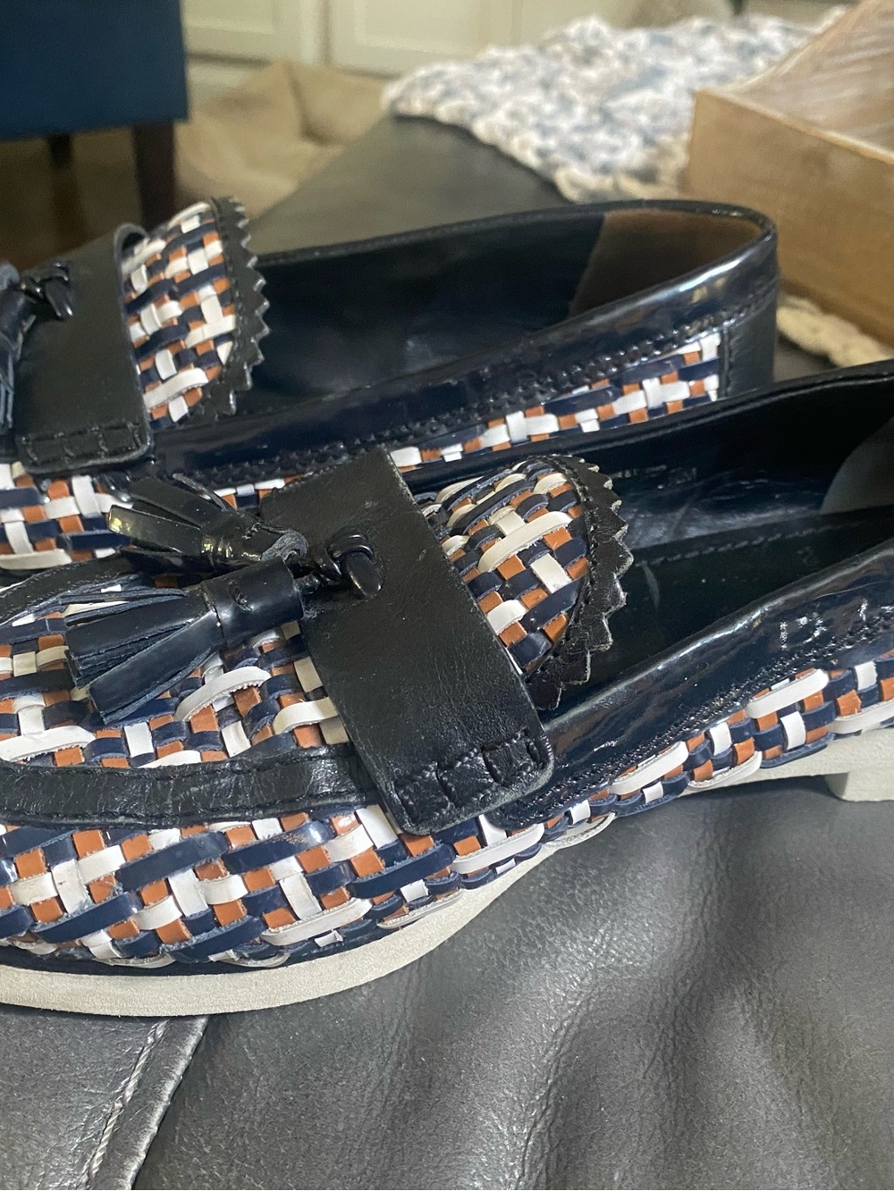 Tory Burch Navy, White & Brown Woven Tassel Loafers